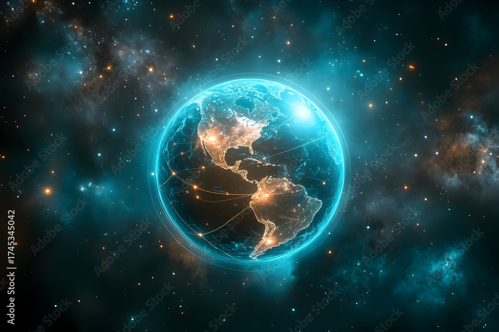 Obraz premium A stunning digital representation of Earth in space, showcasing glowing connections and a cosmic background