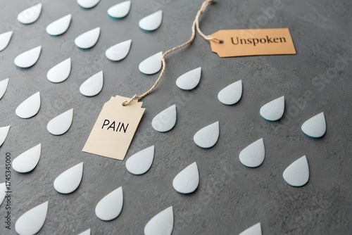 Tear drops and tags depicting unspoken pain and emotional struggle