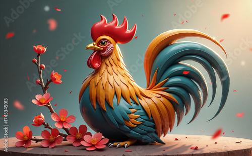 Zodiac Rooster figurine with plum blossoms in a vibrant style and colorful details for Lunar New Year celebration