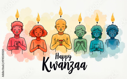 Diverse people celebrating Kwanzaa in a joyful mood with candles on watercolor background