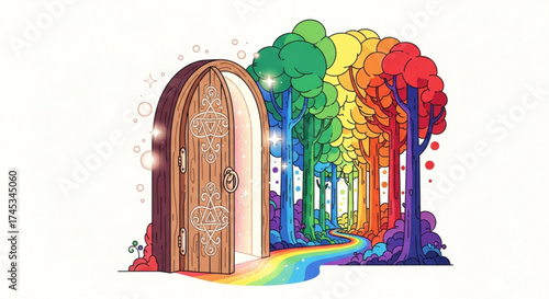A magical door opens to a rainbow path leading into a forest of trees in vibrant rainbow colors