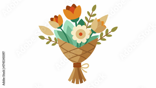 A decorative bouquet featuring a mix of seasonal flowers wrapped in burlap showcasing rustic elements suitable for an outdoor wedding theme.