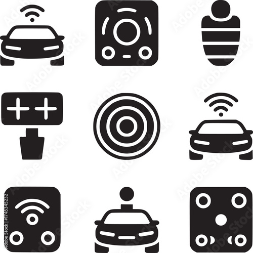 A collection of nine black and white icons including cars, targets, and control panels arranged neatly