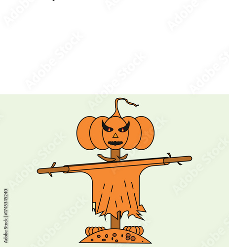 A spooky scarecrow with a pumpkin head stands guard, ready to greet trickortreaters this halloween season