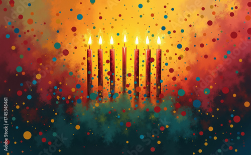 Seven lit candles on a colorful dotted background joyfully celebrate Kwanzaa.