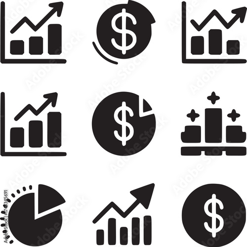A collection of nine black and white icons showing graphs charts and dollar signs on a white background