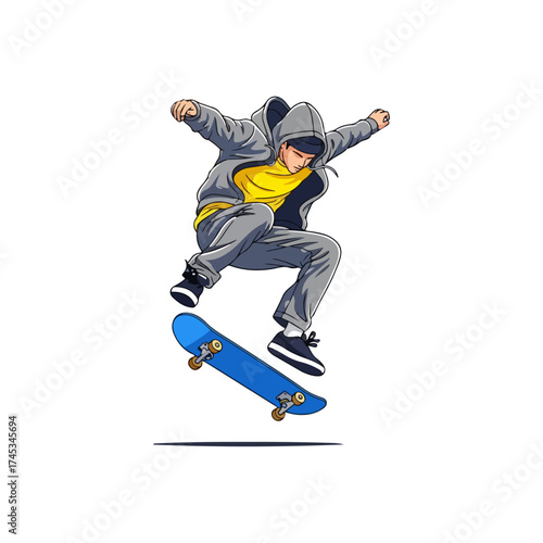 Skateboarder in mid-air performing a trick with focus.