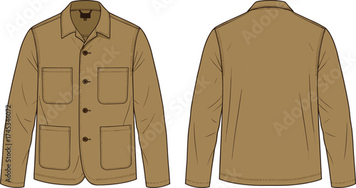 Men’s jacket technical flat sketch, front and back view, classic collar, button closure, patch pockets, casual outerwear design, cad drawing flat vector illustration