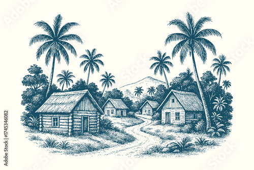 Small tropical village with palm trees and huts along a dirt road, peaceful countryside in etching style.