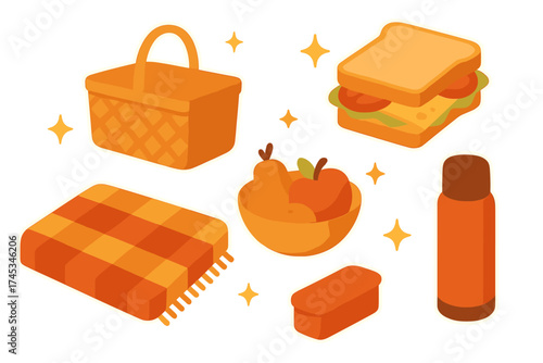 Isometric set of autumn picnic food and accessories icons