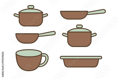 Collection of kitchen cookware icons featuring pots, frying pan, and measuring cup