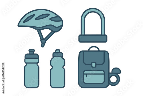 Set of essential bicycle safety and travel accessories icons