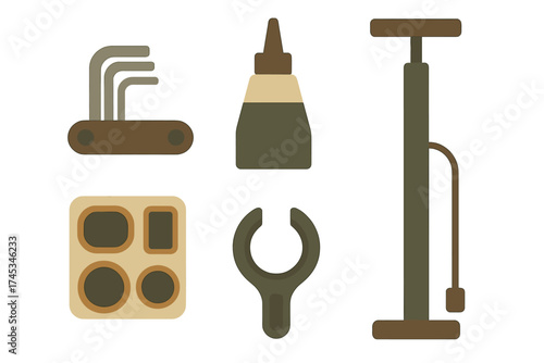 Essential bicycle repair kit tools and accessories collection in flat design style
