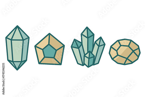 Stylized geometric crystal and gemstone icons in muted teal and beige colors