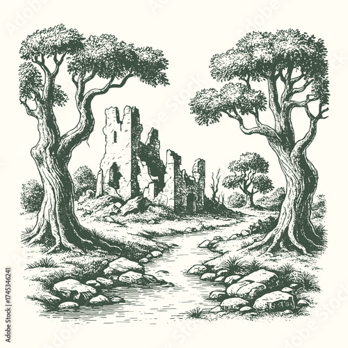 Stone ruins surrounded by tall trees and rocky ground, depicting a forgotten ancient site in classic engraving style.