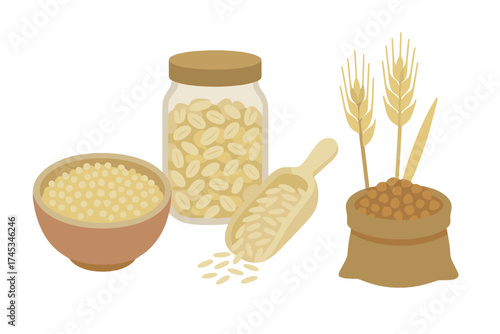 Various whole grains and cereal products displayed in different containers