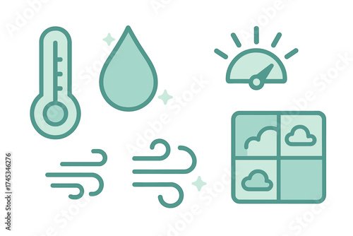 Set of weather condition icons including temperature humidity wind and forecast display