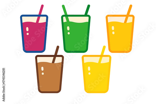 Collection of colorful beverage icons with straws in glasses
