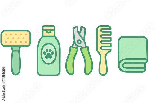 Essential pet grooming supplies featuring brush shampoo clippers comb and towel
