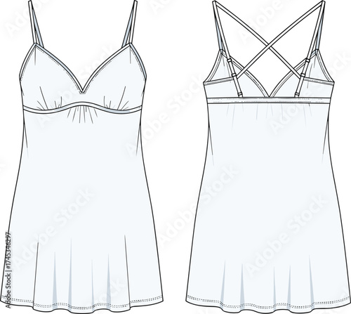 Nightdress slip dress technical flat sketch, front and back view, spaghetti straps, crisscross back, flared skirt, lingerie sleepwear, cad drawing flat vector illustration