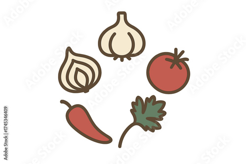 Basic cooking ingredients icons set featuring onion garlic tomato chili and herb