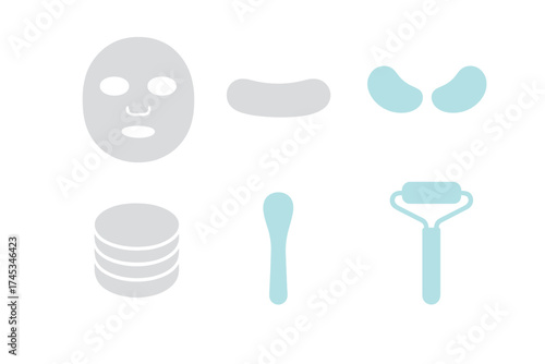 Set of facial beauty treatment tools and skincare product line icons