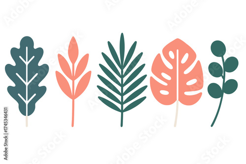 Collection of stylized tropical and deciduous leaves in muted color palette