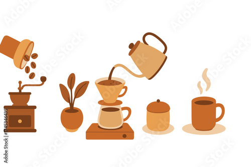 Manual coffee preparation sequence showing bean grinding and pour over brewing