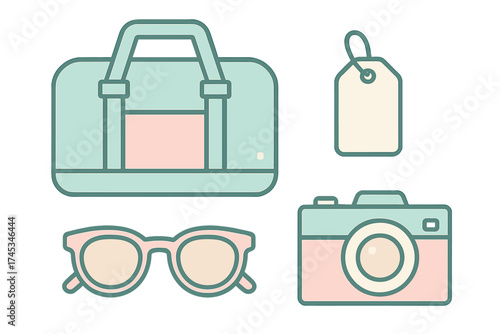 Travel accessories icons set with duffel bag camera sunglasses and luggage tag