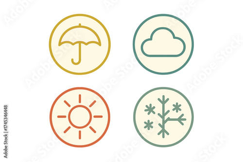 Four circular icons depicting weather conditions: sun, cloud, rain, and snow symbols