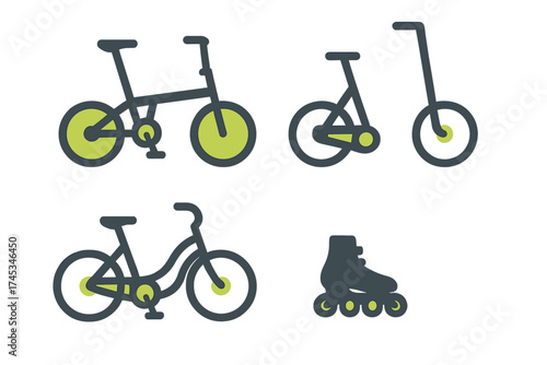 Collection of urban transportation and recreation icons featuring bicycle, scooter, and roller skate