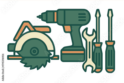 Assortment of power and hand tools including circular saw and drill