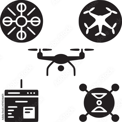 Collection of drone related icons in black and white featuring drone design and website interface