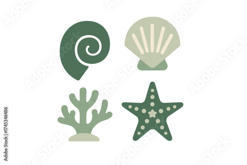 Stylized icons of sea life including shell, coral, and starfish shapes