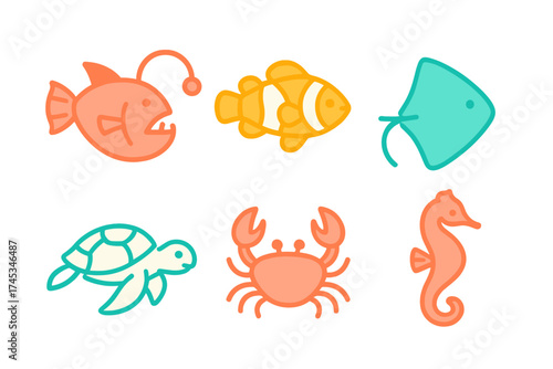 Collection of cute colorful sea life icons featuring fish turtle crab and seahorse
