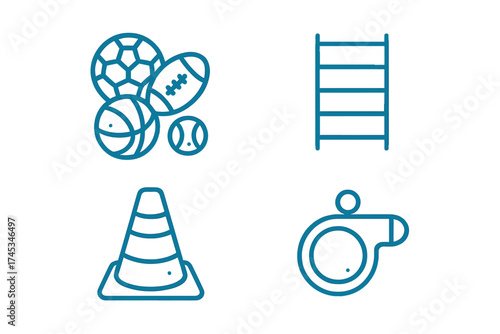 Set of sports equipment and agility training icons for fitness activities