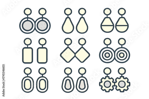 Nine geometric dangle earring icons in outline style for jewelry design