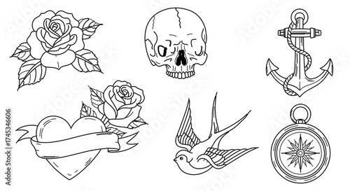 Collection of old school tattoo designs, including rose, skull, anchor, and swallow