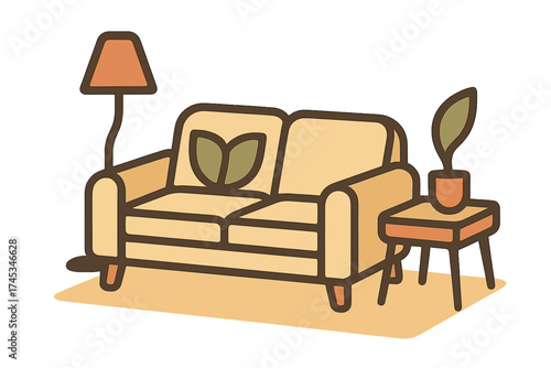 Comfortable living room sofa with floor lamp and potted plant decoration