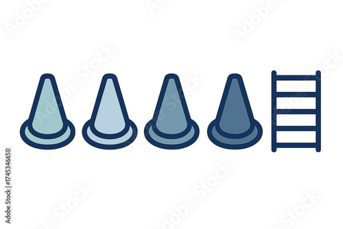Four traffic cones with blue gradient progression beside a ladder icon