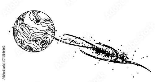 Hand drawn illustration of a planet with a comet flying by