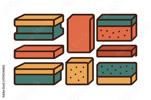 Assortment of cleaning sponges and rectangular blocks in vibrant retro colors