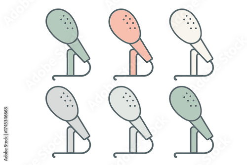 Six retro style microphones on stands with pastel color variations