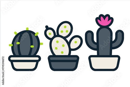Three potted succulent and cactus icons in modern flat style