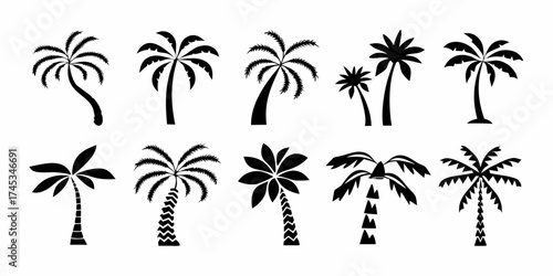 Collection of diverse black silhouette palm trees with various trunk shapes and frond styles on a white background