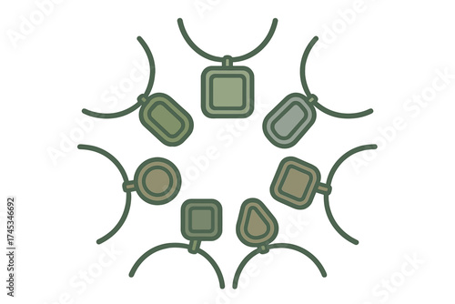 Circular arrangement of military style identification tags on simple necklaces