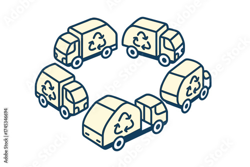 Five isometric recycling trucks arranged in a circular pattern for waste management