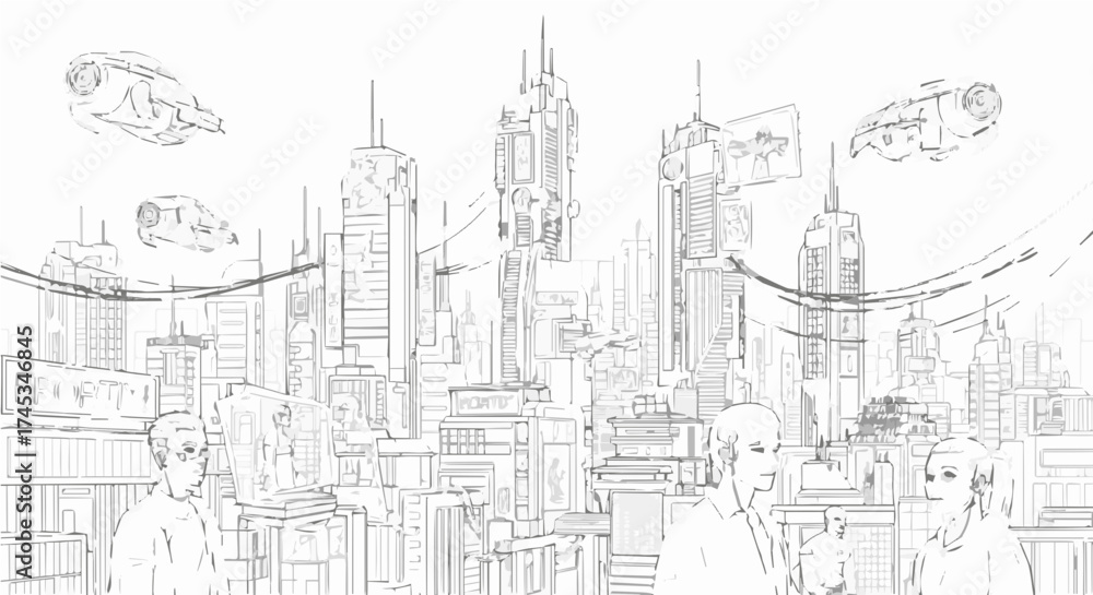 Obraz premium Futuristic cityscape sketch, depicting a bustling metropolis with advanced architecture