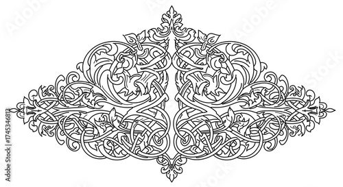 Line art illustration of decorative ornament with intricate details and symmetrical design