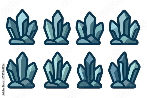 Collection of blue and teal crystal cluster icons with dark outlines